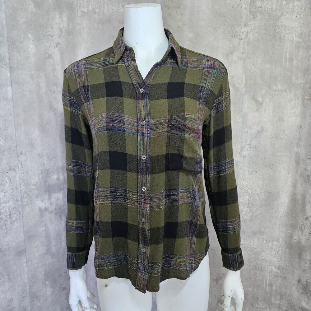 Wilfred Free Womens S Green Plaid Lightweight Flannel Button Front L/S Top
